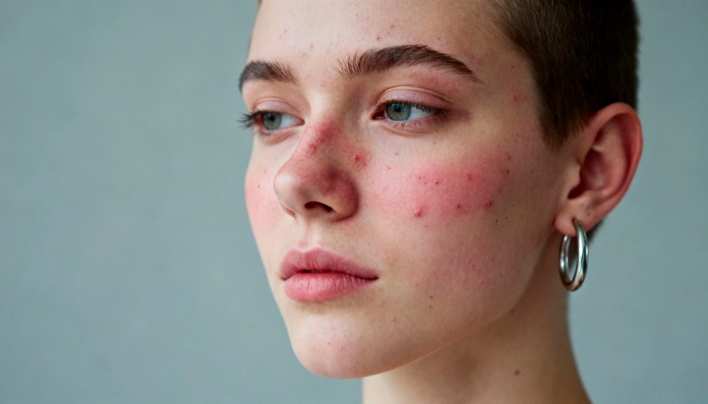 Wajah close-up dengan bercak kemerahan bekas jerawat (PIE) di pipi dan hidung