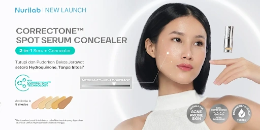 Banner Nurilab CorrecTone Spot Serum Concealer dengan pilihan 5 shade dan model memegang produk